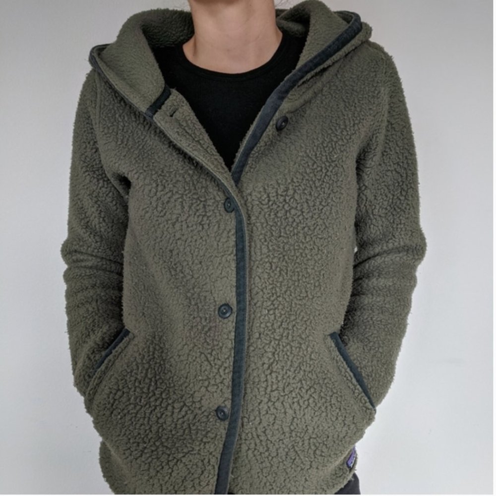 Patagonia Shearling Fleece Hooded Cardigan - Olive Sz Medium